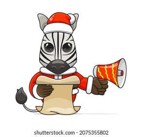 cute zebra cartoon, wearing santa costume holding megaphone and reading script, cute animal character wearing christmas costume, front view. kawaii and simple style, suitable for christmas content