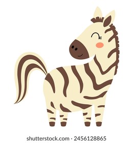 cute zebra character, african animal, card with funny cartoon zebra