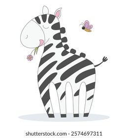 Cute zebra character with butterfly, eating flower. Minimalist hand drawn zoo cartoon character in black and white colors. Naive children drawing style wild animal. Flat isolated vector illustration