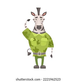 Cute zebra character in camouflage cartoon illustration. Serious animal soldier in military uniform saluting officer. Army, zoo, warrior concept