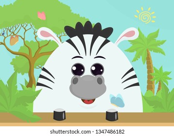 Cute Zebra character on jungle background with palm trees. Album cover, banner, leaflet, poster, background in hand-drawn style-Vector