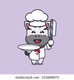 cute zebra chef mascot cartoon character with knife and plate