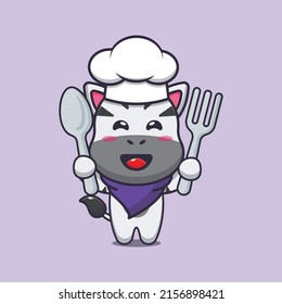 cute zebra chef mascot cartoon character holding spoon and fork 