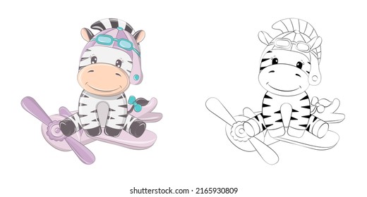 Cute Zebra Clipart Illustration and Black and White. Funny Clip Art Zebra Pilot on a Plane. Vector Illustration of an Animal for Coloring Pages, Stickers, Baby Shower, Prints for Clothes.  svg