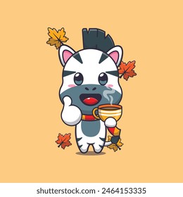 Cute zebra with coffee in autumn season. Mascot cartoon vector illustration suitable for poster, brochure, web, mascot, sticker, logo and icon.