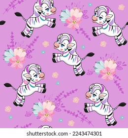 Cute zebra with colorful stripes and flowers seamless pattern on a purple background. Vector cartoon illustration
