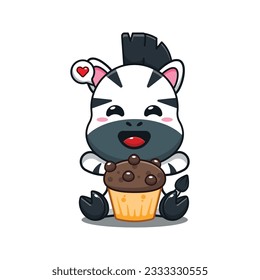 cute zebra with cup cake cartoon vector illustration.
