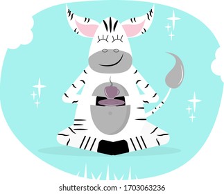 Cute zebra with a cup of coffee, flat illustration.
