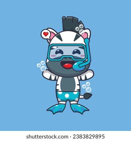 Cute zebra diving cartoon mascot character illustration. Cute summer cartoon illustration. Vector cartoon Illustration suitable for poster, brochure, web, mascot, sticker, logo and icon.