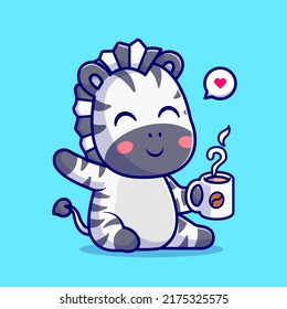 Cute Zebra Drink Coffee Cartoon Vector Icon Illustration. Animal Drink Icon Concept Isolated Premium Vector. Flat Cartoon Style