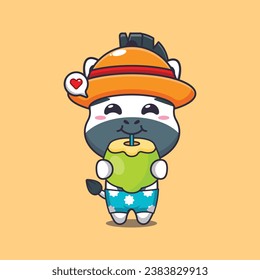 Cute zebra drink fresh coconut cartoon illustration. Cute summer cartoon illustration. Vector cartoon Illustration suitable for poster, brochure, web, mascot, sticker, logo and icon.