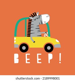 cute zebra driver drawing as vector for kids fashion