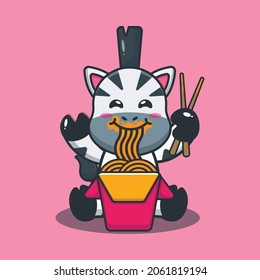 Cute zebra eating noodle cartoon illustration