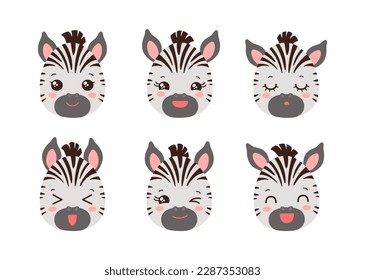 Cute zebra emoji icon set. Messenger emoji. Safari animal icons. Kawaii zebra emoticon smile happy facial expressions. Cartoon animals vector signs. Kawaii anime comic style zebra. Isolated emoticons.