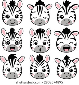Cute Zebra Face Icons Set - Cartoon Baby Zebra Emoji Collection with Different Expressions Vector Illustration