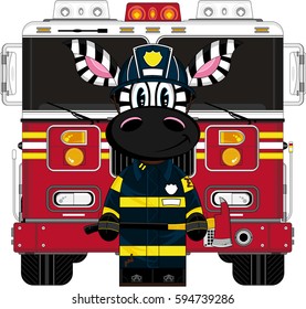 Cute Zebra Fireman and Fire Engine