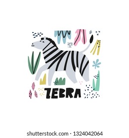 Cute zebra flat hand drawn illustration. African animal cartoon character with lettering. Jungle, rainforest, savanna fauna clipart. Zoo, safari mammal. Travel postcard, kid??s book design element