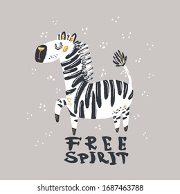 Cute zebra flat hand drawn illustration. African animal cartoon character with lettering. Jungle, rainforest, savanna fauna clipart. Zoo, safari mammal. Travel postcard, kids book design element