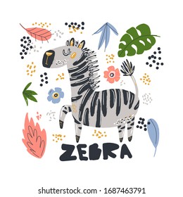 Cute zebra flat hand drawn illustration. African animal cartoon character with lettering. Jungle, rainforest, savanna fauna clipart. Zoo, safari mammal. Travel postcard, kids book design element