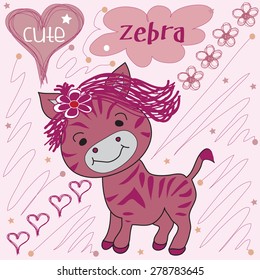 cute zebra with flowers and hearts vector illustration