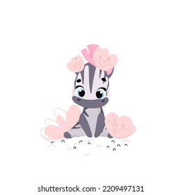 Cute zebra with flowers. Vector print for children room, fabric, paper, greeting card, postcard, card, t shirt, poster, textile. Vector illustration. Happy birthday card. 