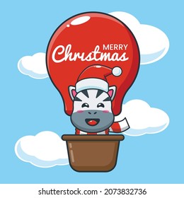 Cute zebra fly with air balloon. Cute christmas cartoon illustration.