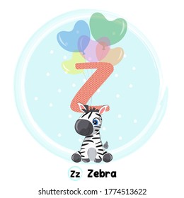 Cute zebra flying with balloons. Art vector illustration. Cute Animal Alphabet Series A-Z. 