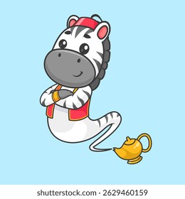 Cute Zebra Genie In Lamp Cartoon Vector Icon Illustration. Animal Holiday Icon Concept Isolated Premium Vector. Flat Cartoon Style