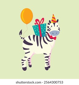 Cute zebra with gift, balloons, party hat, and bow tie. Perfect for birthday cards and invitations