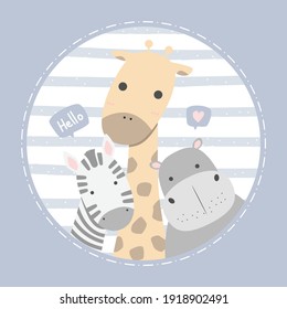 Cute zebra giraffe and hippo friends greeting cartoon doodle flat design card background wallpaper, can use for nursery or print on product