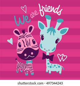 Cute zebra and giraffe illustration. Artwork design for children. Vector print sizable artwork.