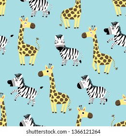Cebra y jirafa sin fisuras. Caricatura de animales salvajes. Fondo Safari.