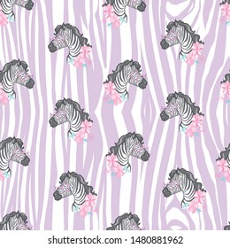 Cute Zebra with glasses and flowers on striped background seamless pattern