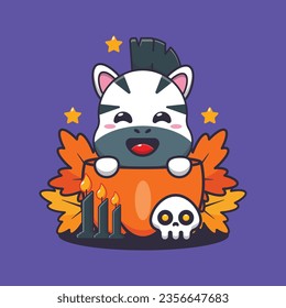 Cute zebra in halloween pumpkin. Cute halloween cartoon illustration. 