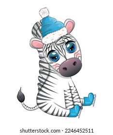 Cute zebra in a hat and scarf, skating, winter. Wildlife Holidays Cartoon Character