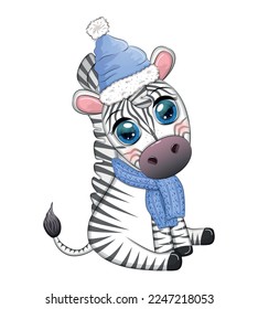 Cute zebra in a hat and scarf, skating, winter. Wildlife Holidays Cartoon Character