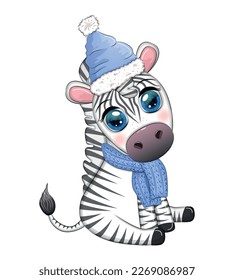 Cute zebra in a hat and scarf, skating, winter. Wildlife Holidays Cartoon Character