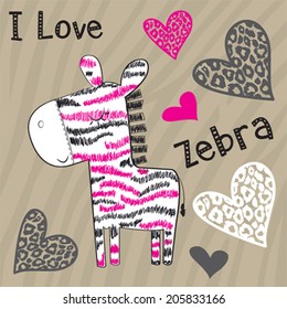 cute zebra with hearts vector illustration