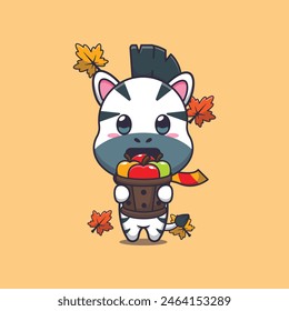 Cute zebra holding a apple in wood bucket. Mascot cartoon vector illustration suitable for poster, brochure, web, mascot, sticker, logo and icon.