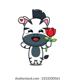 cute zebra holding rose flower cartoon vector illustration.