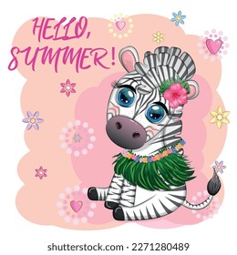 Cute zebra in hula dancer costume, Hawaii, child character. Animal in summer. Summer holidays, vacation