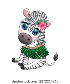 Cebra dulce con traje de bailarín hula, Hawaii, personaje infantil. Animal en verano. Vacaciones de verano, vacaciones