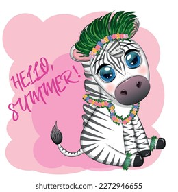 Cute zebra in hula dancer costume, Hawaii, child character. Animal in summer. Summer holidays, vacation
