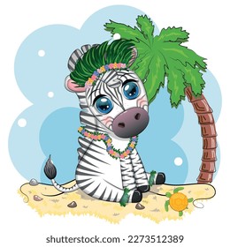 Cute zebra in hula dancer costume, Hawaii, child character. Summer holidays, vacation