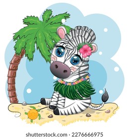 Cute zebra in hula dancer costume, Hawaii, child character. Summer holidays, vacation