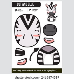 Cute zebra illustration for kids educational paper game. Cut, glue, and learn activity.