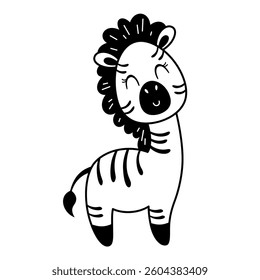 Cute zebra isolated black and white doodle. Jungle animal clipart. Hand drawn vector illustration in flat style
