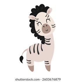 Cute zebra isolated cartoon clipart. Jungle, safari, tropical animal design, hand drawn vector illustration in flat style
