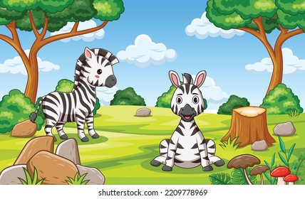 Cute Zebra in the Jungle Cartoon. Vector Cartoon Illustration