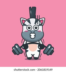 Cute zebra lifting barbell cartoon illustration